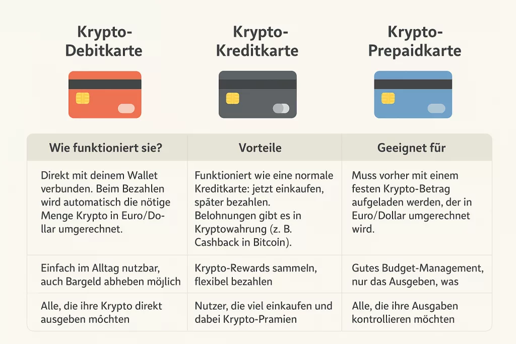 Es gibt 3 unterschiedliche Arten von Krypto-Kreditkarten und diese sind wie folgt definiert: